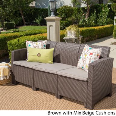 image of St. Paul Outdoor 3-seater Wicker-style Sofa with Cushion by Christopher Knight Home - Brown with sku:b07cgvm8f2-chr-amz