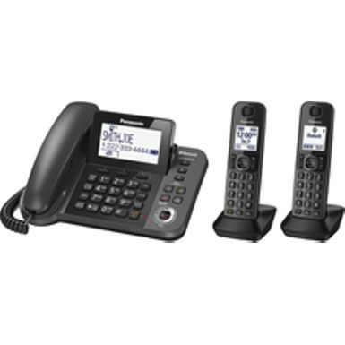 image of Panasonic Link2cell Metallic Black Bluetooth Corded Phone System With 2 Handsets with sku:kxtgf382m-kx-tgf382m-abt