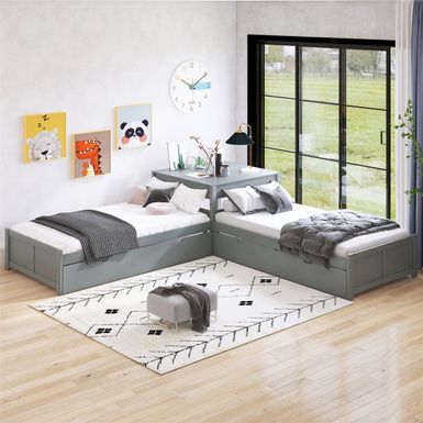 image of Merax Twin Size L-shaped Platform Bed with Two Trundles and Built-in Table - Grey with sku:2bhuv_xr0pzz4uhk1jdvtgstd8mu7mbs--ovr