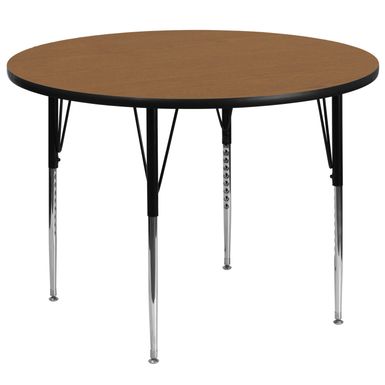 image of 60'' Round Thermal Laminate Activity Table - Adjustable Legs - Oak with sku:sixnjrsjeopmjlqalp0uvqstd8mu7mbs-overstock