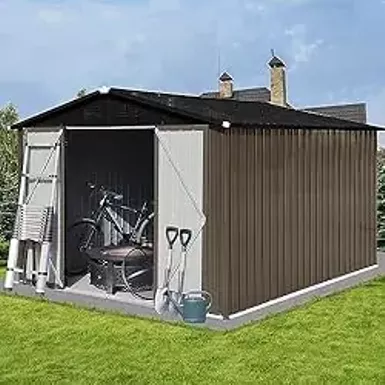 image of DHPM 10ft x 8ft Garden Storage Shed,Metal Outdoor Storage Sheds with Vents,Hinged Door and Padlock,Practical Tool Storage shed for Storing Bicycles,Lawnmowers,Barbeques and Garden Tools-Brown + Black with sku:b0cz8fs5f5-amazon