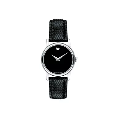 Movado - Ladies Museum Classic Silver & Black Textured Leather Strap Watch Black Dial