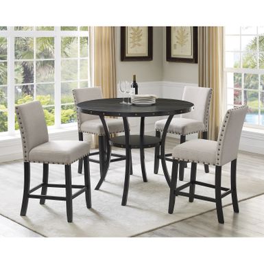 image of Roundhill Furniture Biony Espresso Wood Counter Height Dining Set with Fabric Nailhead Stools - Brown with sku:lzh92k1bx7_p82wjqlhajgstd8mu7mbs-overstock