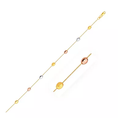 14k Tri Color Gold Puffed Oval Shape Station Adjustable Anklet (10 Inch)