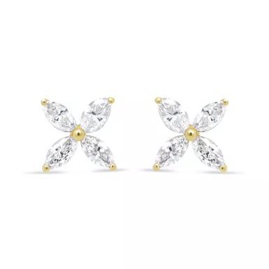 14K Yellow Gold 3/4 Cttw Marquise Diamond 8 Stone Floral Leaf Stud Earrings (I-J Color, SI2-I1 Clarity)