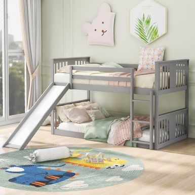 image of Nestfair Twin Over Twin Bunk Bed with Slide and Ladder - Grey with sku:1hzfblxmucfpfqlya1gevastd8mu7mbs--ovr
