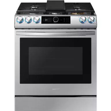 image of Samsung 6.0-Cu. Ft. Slide-In Front Control Gas Range with Smart Dial and Air Fry, Stainless Steel with sku:nx60t8711ss-almo