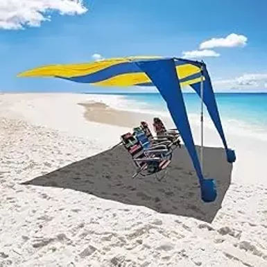 image of SHARK FIN SHADE Beach Tent Wind Sun Canopy Portable Easy Set Up UPF 50+ No Assembly Required 3-30 MPH - 1 to 8 People - Tie Downs Included - 2 Sizes Large 9' X 10' & Giant 13.5' X 10' PATENTS PENDING with sku:b0d569c5sq-amazon