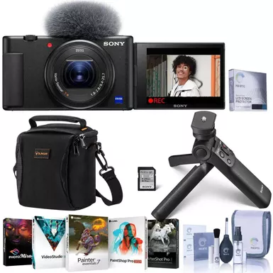 image of Sony ZV-1 Compact 4K HD Digital Camera, Black Bundle with Vlogger Accessory Kit, PC Software Pack, Shoulder Bag, Screen Protector, Cleaning Kit with sku:isozv1bp-adorama