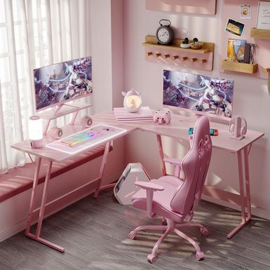 image of L-Shaped Gaming Desk Computer Corner Desk Office Writing Desk - Pink with sku:yzk5neqtftiawwt-lpiegwstd8mu7mbs-overstock