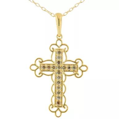 10K Yellow Plated .925 Sterling Silver 1/4 Cttw Champagne Diamond Filigree Cross 18" Pendant Necklace (K-L Color, I1-I2 Clarity)