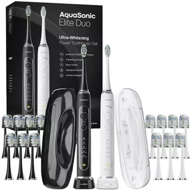 image of AquaSonic - Elite Duo - Rechargeable Electric Toothbrush Set - 2 Brushes, 16 Brush Heads, Wireless, Travel Cases - White and Black with sku:bb22285819-bestbuy