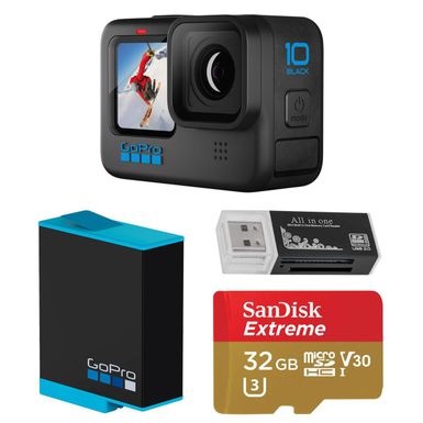 image of GoPro HERO10 Black, Waterproof Action Camera, 5.3K60/4K Video, 1080p Live Streaming, Essential Bundle with Extra Battery, 32GB microSD Card, Card Reader with sku:gphero10c-adorama