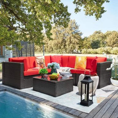 image of Homall 6 Pieces Patio Furniture Sets Outdoor Sectional Sofa All Weather PE Rattan Patio Conversation Set Manual Wicker Couch - Red with sku:11qj35ki7l9aawwkh8veyqstd8mu7mbs--ovr