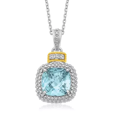 image of 18k Yellow Gold & Sterling Silver Popcorn Sky Blue Topaz and Diamond Pendant (18 Inch) with sku:d32347947-18-rcj