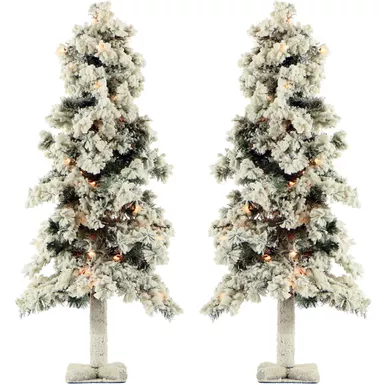 Fraser Hill Farm 3.0' Snowy Alpine Tree on T-Base, Clear Lights, Set of 2