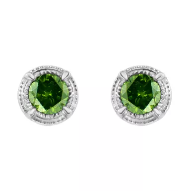 .925 Sterling Silver 1/4 cttw Treated Green Diamond Modern 4-Prong Solitaire Milgrain Stud Earrings (Green Color, I1-I2 Clarity)