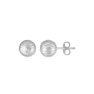 14K White Gold Ball Earrings with Linear Texture