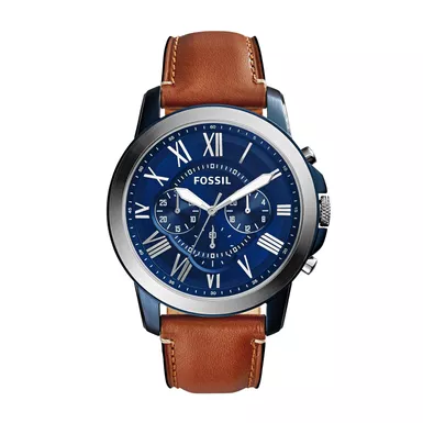 Fossil - Mens Grant Chronograph Brown Leather Strap Watch Blue Dial