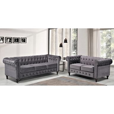 image of Brooks Classic Chesterfield 2-Piece Living Room Set-Loveseat & Sofa - Grey with sku:z8w-rvz0wsjl_rsl6ke2dgstd8mu7mbs--ovr