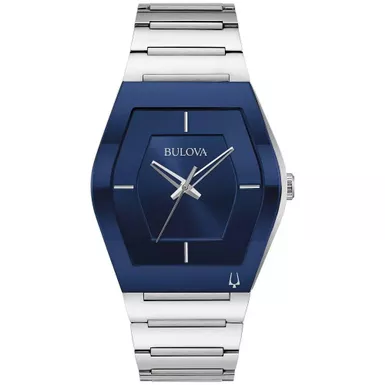 Bulova - Mens Gemini Silver-Tone Stainless Steel Watch Blue Dial