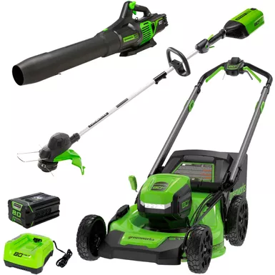 image of Greenworks - 80V 21” Lawn Mower, 13” String Trimmer, and 730 Leaf Blower Combo with 4 Ah Battery & Charger) 3-piece combo - Green with sku:bb22122451-bestbuy