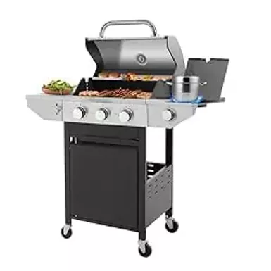 image of Lyromix Large BBQ Grill Propane with 3-Burners and Side Burner, Outdoor Gas Grill with Porcelain-Enameled Cast Iron Grates, Stainless Steel Camping Barbecue Griddle for Patio, Party, 37000 BTU with sku:b0d8m7ntl9-amazon