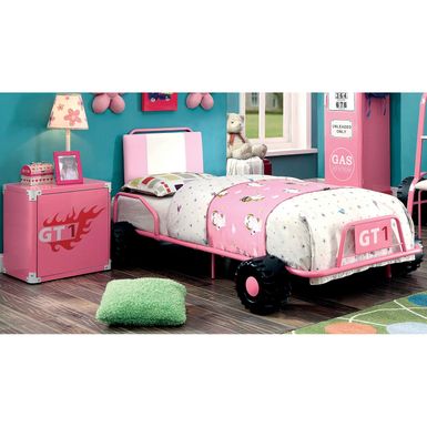 image of Feln Modern Metal 2-Piece Upholstered Racing Bed with Nightstand Set by Furniture of America - Pink with sku:90q2snit1i_zbjbwxo8gswstd8mu7mbs-overstock