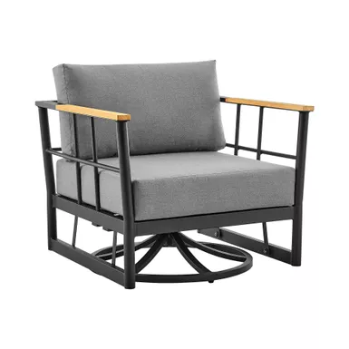 image of Shari Outdoor Patio Swivel Glider Lounge Chair in Black Aluminum and Teak Wood with Cushions with sku:840254332546-armen