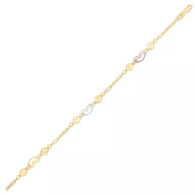 14k Tri Color Gold Anklet with Multi Color Heart Stations (10 Inch)