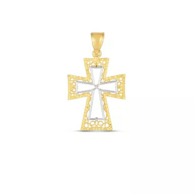 14k Two Tone Gold High Polish Diamond Cut Cross Pendant