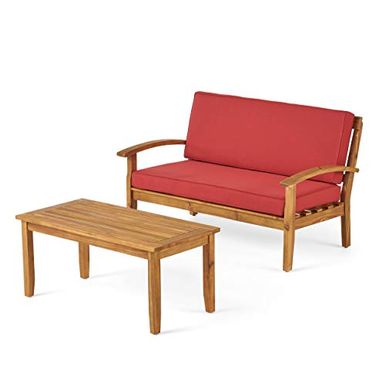 image of Christopher Knight Home Peyton Outdoor Acacia Wood Loveseat and Coffee Table Set with Water Resistant Cushions, Teak Finish / Red with sku:b07cgzs52v-chr-amz