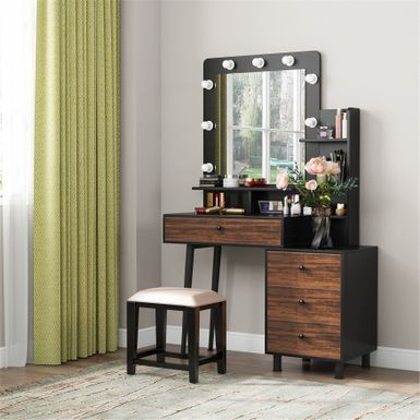 Rent to own Vintage Vanity Table with Lighted Mirror&3-Drawer Chest - Brown&Black - FlexShopper
