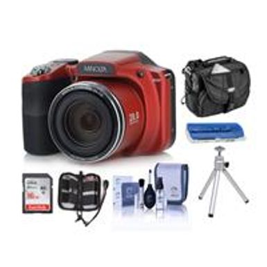 image of Minolta M35Z 20MP 1080p HD Bridge Digital Camera with 35x Optical Zoom, RED - Bundle With Camera Case, 16GB SDHC Card, Memory Wallet, Cleaning Kit, Card Read er, Tabletop Tripod with sku:imn35zra-adorama
