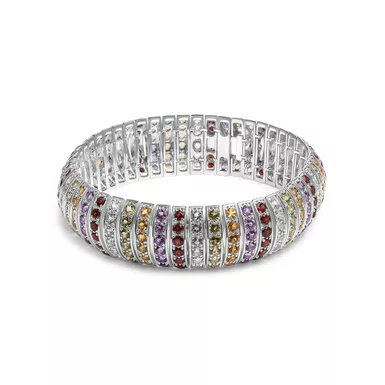 .925 Sterling Silver Multi Row Rainbow Gemstone Bangle Bracelet - 7.5" Inches