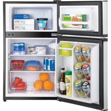 image of Insignia™ - 3.0 Cu. Ft. Mini Fridge with Top Freezer and ENERGY STAR Certification - Stainless Steel with sku:bb20968427-bestbuy
