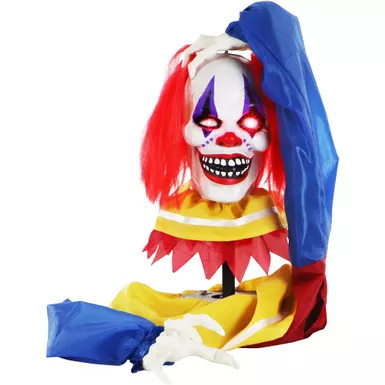 Animatronic Pop-Up Talking Clown Head with Light-Up Eyes for Scary Halloween Tabletop Decoration