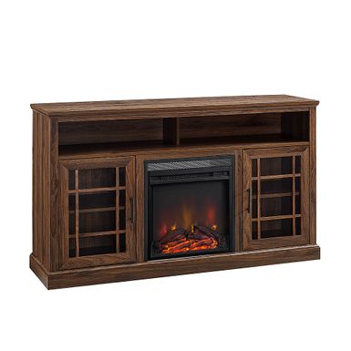 image of Walker Edison - Traditional 58" Tall Glass Two Door Soundbar Storage Fireplace TV Stand for Most TVs up to 65" - Dark Walnut with sku:bb21691773-6445952-bestbuy-walkeredison