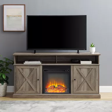 Walker Edison - Farmhouse Tall Barndoor Soundbar Storage Fireplace TV Stand for Most TVs up to 65" - Grey Wash