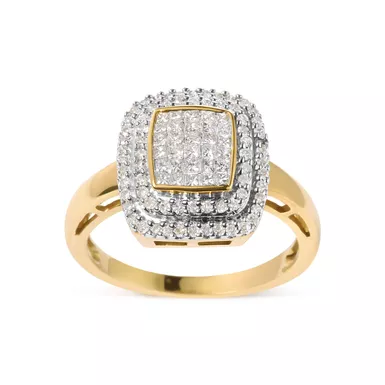 10K Yellow Gold 1/2 cttw Round and Princess Diamond Composite Head and Halo Ring (H-I Color, SI1-SI2 Clarity) - Ring Size 7