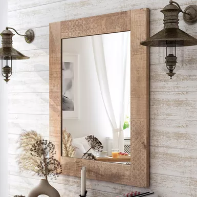 image of Rustic Solid Wood Decorative Mirror in Weathered Light Natural Tone with sku:idf-51007-foa