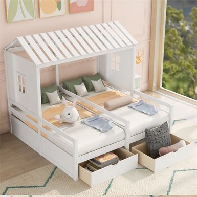 image of Merax 2 Shared Beds Twin Size House Platform Beds with Two Drawers - White with sku:7_oxbdxy_mobiqigw66vbwstd8mu7mbs--ovr