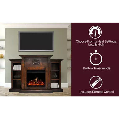 image of Sanoma Electric Fireplace Heater with 72-In. Walnut Mantel, Bookshelves, Enhanced Multi-Color Log Display, and Remote with sku:cam7233-1wallg3-almo