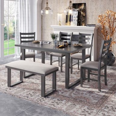 image of Merax 6-Piece Wood Dining Room Set Rrectangle Table and 4 Chairs with Bench - Grey with sku:5l_ccuatw3tjd1ug6zbobqstd8mu7mbs-overstock