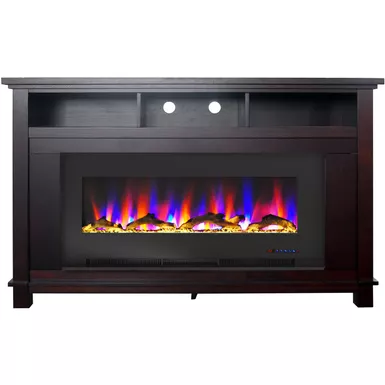 image of San Jose Fireplace Entertainment Stand in Mahogany with 50-In. Color-Changing Fireplace Insert and Driftwood Log Display with sku:cam5735-2mah-almo
