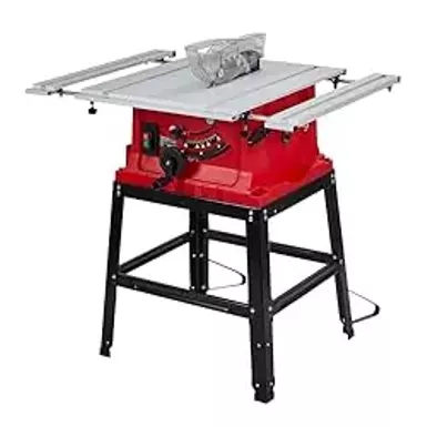 Table Saw, MERXENG 10 Inch 15A Multifunctional Saw With Stand & Push Stick, 90° Cross Cut & 0-45° Bevel Cut, 5000RPM, Adjustable Blade Height for Woodworking, Red