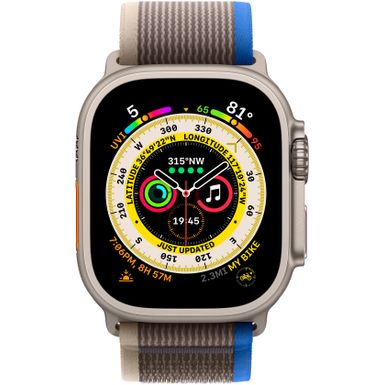 Angle Zoom. Apple Watch Ultra (GPS + Cellular) 49mm Titanium Case with Blue/Gray Trail Loop - M/L - Titanium