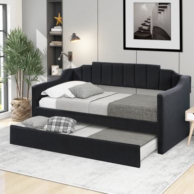 image of Nestfair Upholstered Twin Daybed with Trundle - Black with sku:knupvtoa2g9xxa5njajuawstd8mu7mbs-overstock