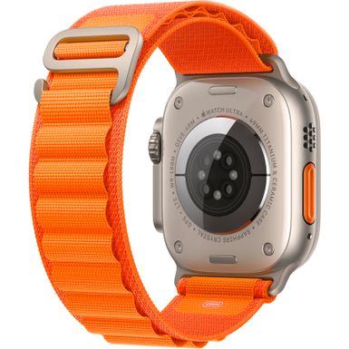 Left Zoom. Apple Watch Ultra (GPS + Cellular) 49mm Titanium Case with Orange Alpine Loop - Medium - Titanium