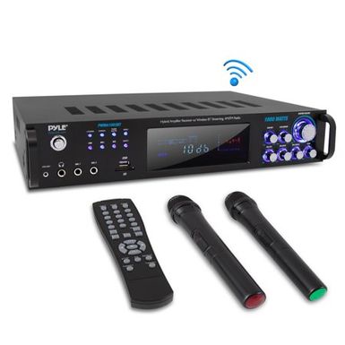 image of PYLE PWMA1003BT - Bluetooth Home Amplifier Receiver & Microphone System - Hybrid Pre-Amplifier with (2) Wireless Microphones, MP3/USB/SD/AUX/AM/FM Radio (1000 Watt) with sku:b07gnptnw9-pyl-amz